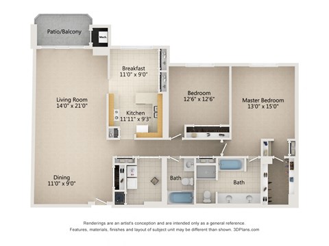 2 Bedroom 2 Bath 1,725 Sq. Ft. Type E Floor Plan at Atrium in The Village, Beachwood Ohio